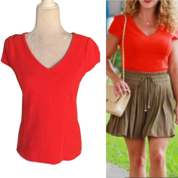 Anthropologie Postmark Astor Red Orange Stretchy Textured V-Neck Top - M - Picture 1 of 14